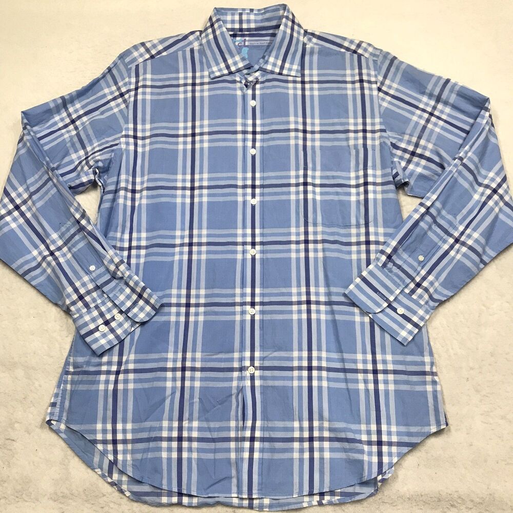 J McLAUGHLIN Dress Shirt Men L Light Blue Plaid Casual Office Preppy